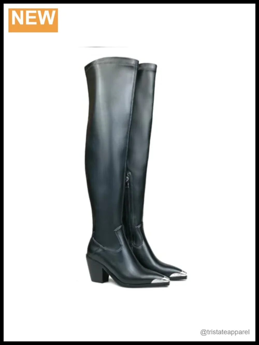 Faux Leather Pointed Toe Thigh High Boots Chunky Heel Side Zipper Stretch